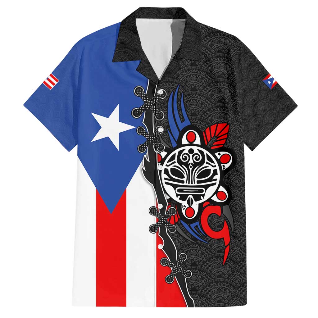 Puerto Rico Hawaiian Shirt with Tribal Sun Symbol and Flag Color Block Design