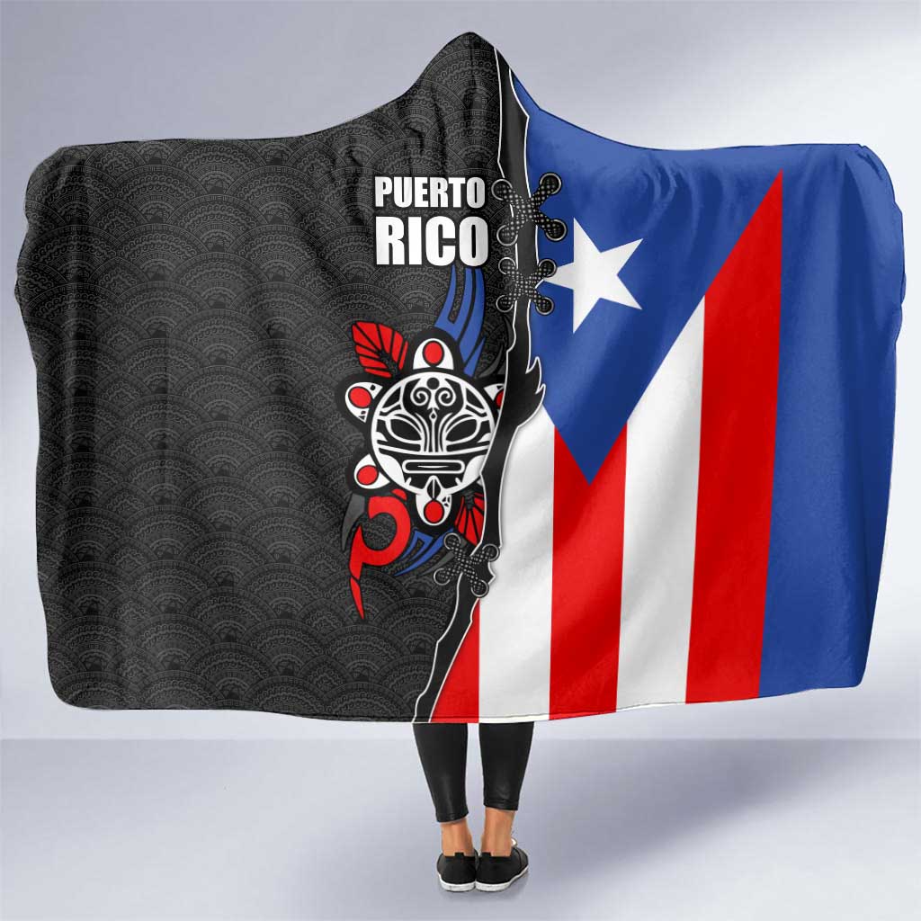 Puerto Rico Hooded Blanket with Tribal Sun Symbol and Flag Color Block Design
