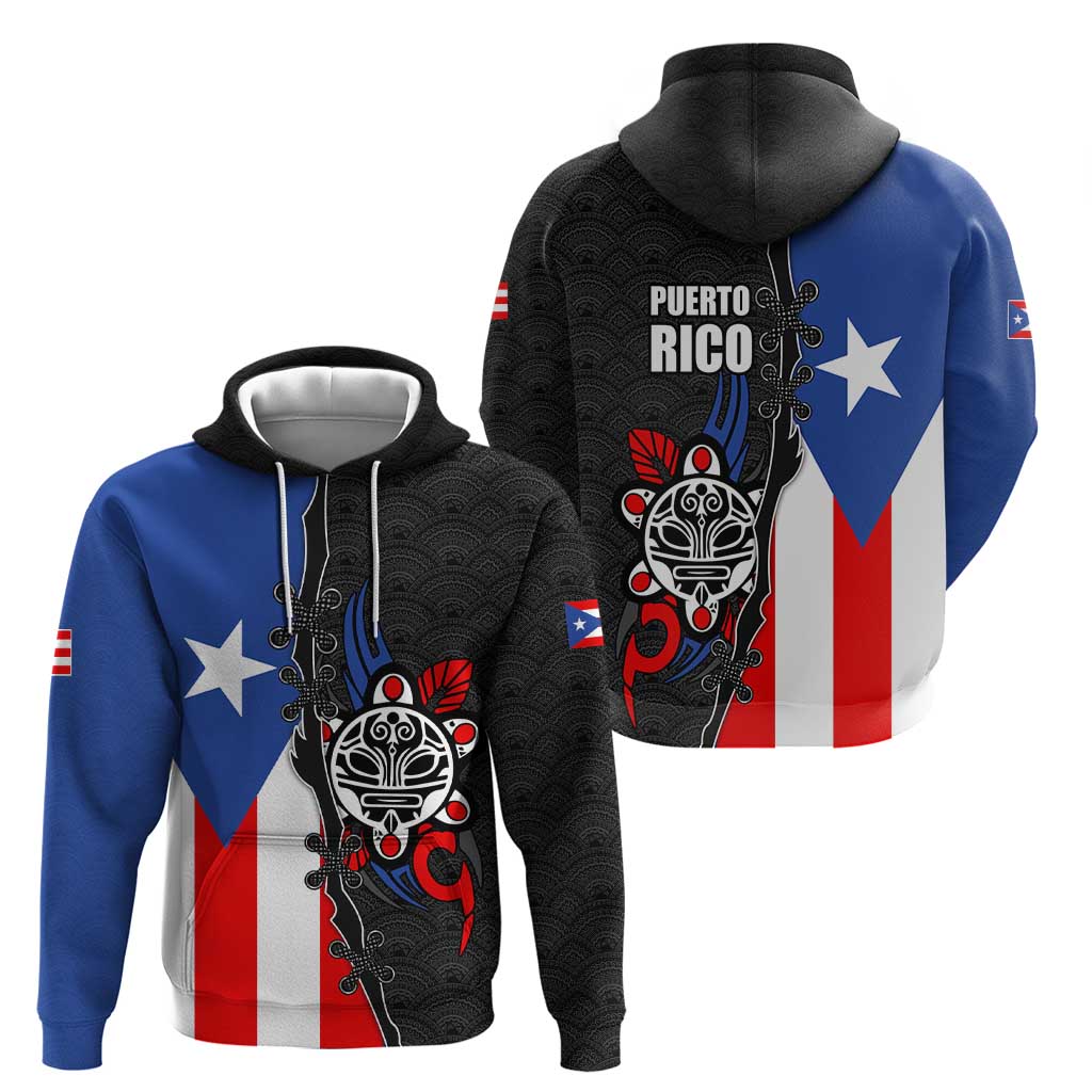 Puerto Rico Hoodie with Tribal Sun Symbol and Flag Color Block Design