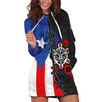 Puerto Rico Hoodie Dress with Tribal Sun Symbol and Flag Color Block Design