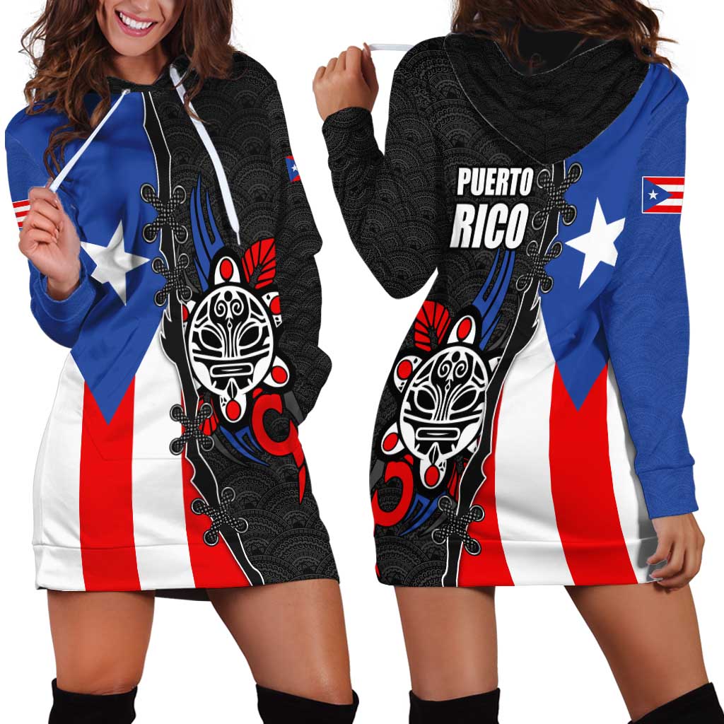 Puerto Rico Hoodie Dress with Tribal Sun Symbol and Flag Color Block Design