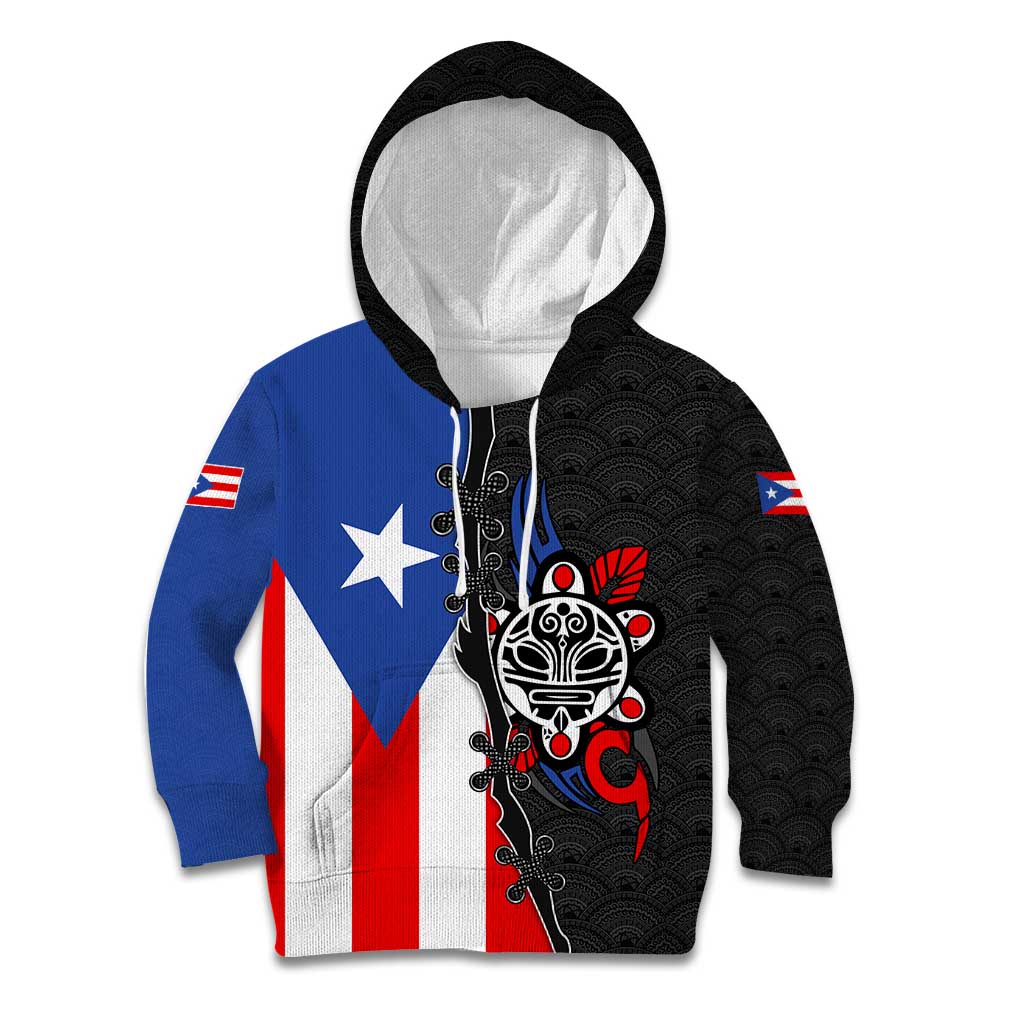 Puerto Rico Kid Hoodie with Tribal Sun Symbol and Flag Color Block Design