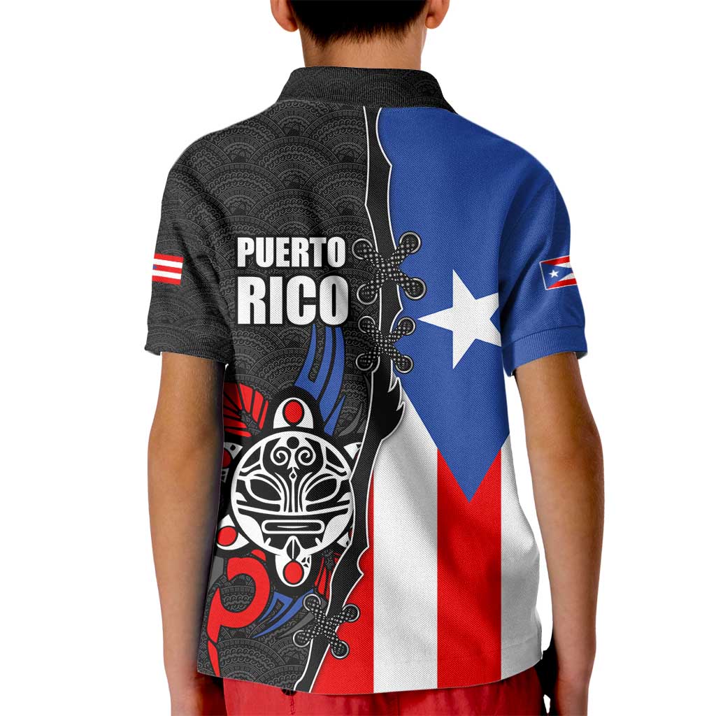 Puerto Rico Kid Polo Shirt with Tribal Sun Symbol and Flag Color Block Design