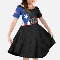 Puerto Rico Kid Short Sleeve Dress with Tribal Sun Symbol and Flag Color Block Design