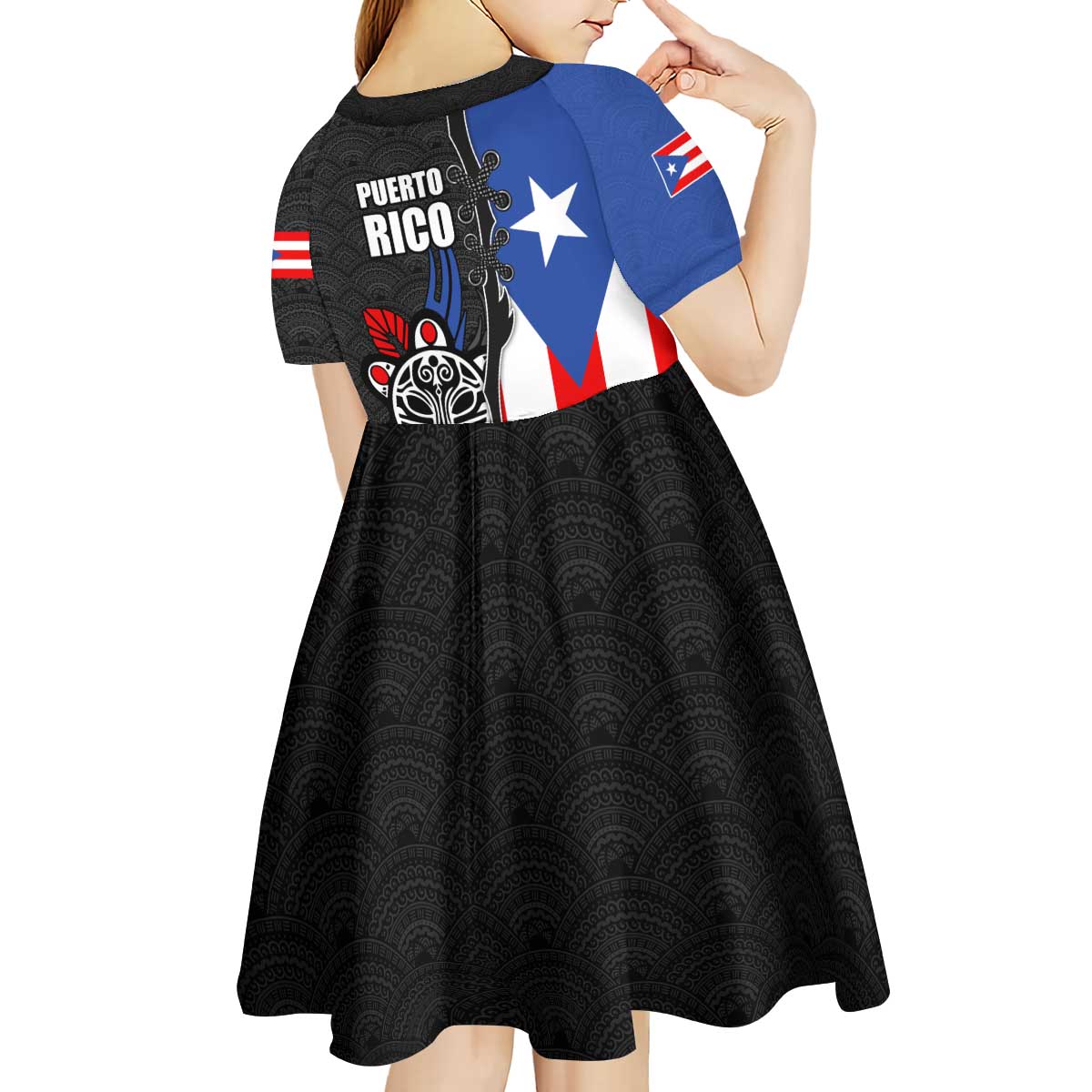 Puerto Rico Kid Short Sleeve Dress with Tribal Sun Symbol and Flag Color Block Design