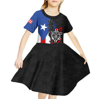 Puerto Rico Kid Short Sleeve Dress with Tribal Sun Symbol and Flag Color Block Design