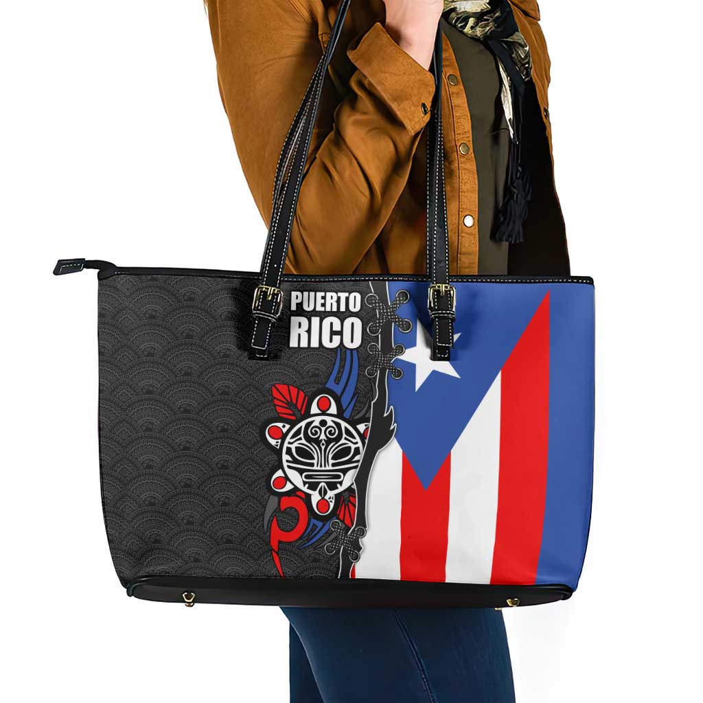 Puerto Rico Leather Tote Bag with Tribal Sun Symbol and Flag Color Block Design