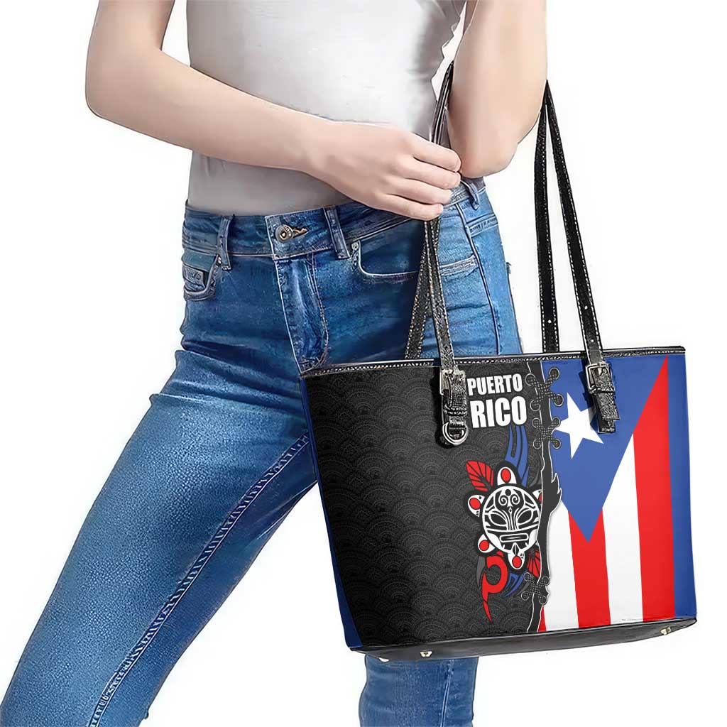 Puerto Rico Leather Tote Bag with Tribal Sun Symbol and Flag Color Block Design