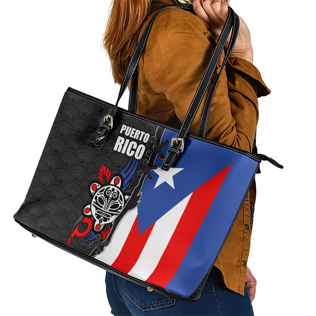 Puerto Rico Leather Tote Bag with Tribal Sun Symbol and Flag Color Block Design