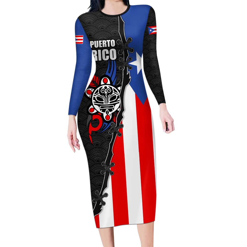 Puerto Rico Long Sleeve Bodycon Dress with Tribal Sun Symbol and Flag Color Block Design
