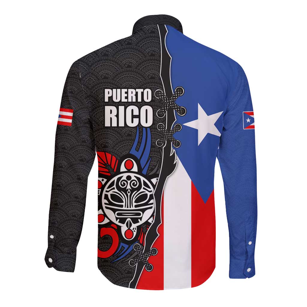 Puerto Rico Long Sleeve Button Shirt with Tribal Sun Symbol and Flag Color Block Design