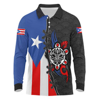 Puerto Rico Long Sleeve Polo Shirt with Tribal Sun Symbol and Flag Color Block Design