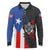 Puerto Rico Long Sleeve Polo Shirt with Tribal Sun Symbol and Flag Color Block Design