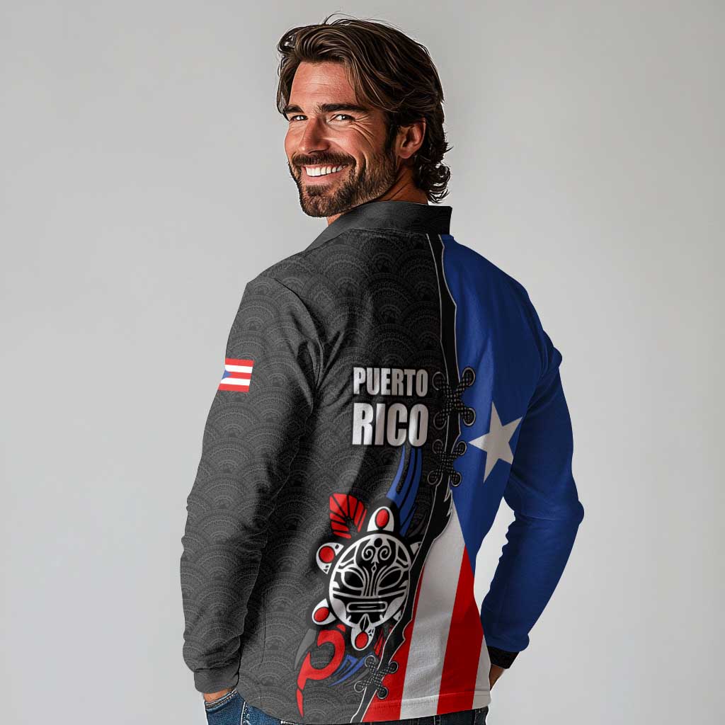 Puerto Rico Long Sleeve Polo Shirt with Tribal Sun Symbol and Flag Color Block Design