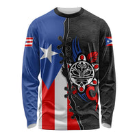 Puerto Rico Long Sleeve Shirt with Tribal Sun Symbol and Flag Color Block Design