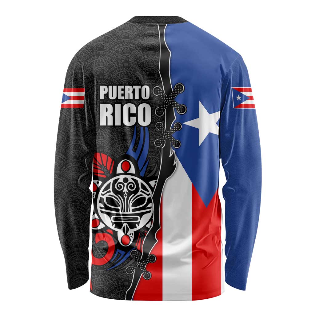 Puerto Rico Long Sleeve Shirt with Tribal Sun Symbol and Flag Color Block Design