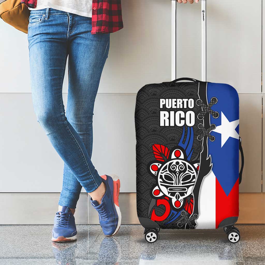 Puerto Rico Luggage Cover with Tribal Sun Symbol and Flag Color Block Design