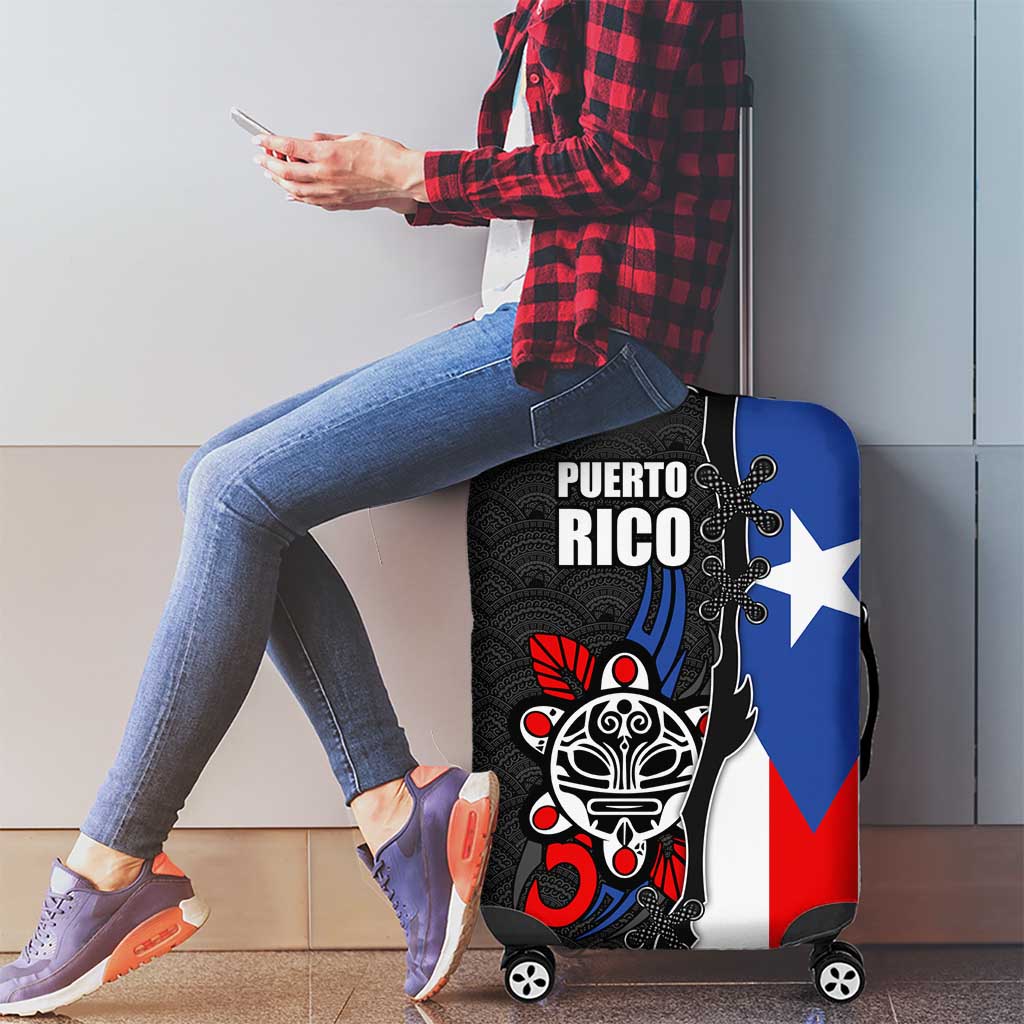 Puerto Rico Luggage Cover with Tribal Sun Symbol and Flag Color Block Design