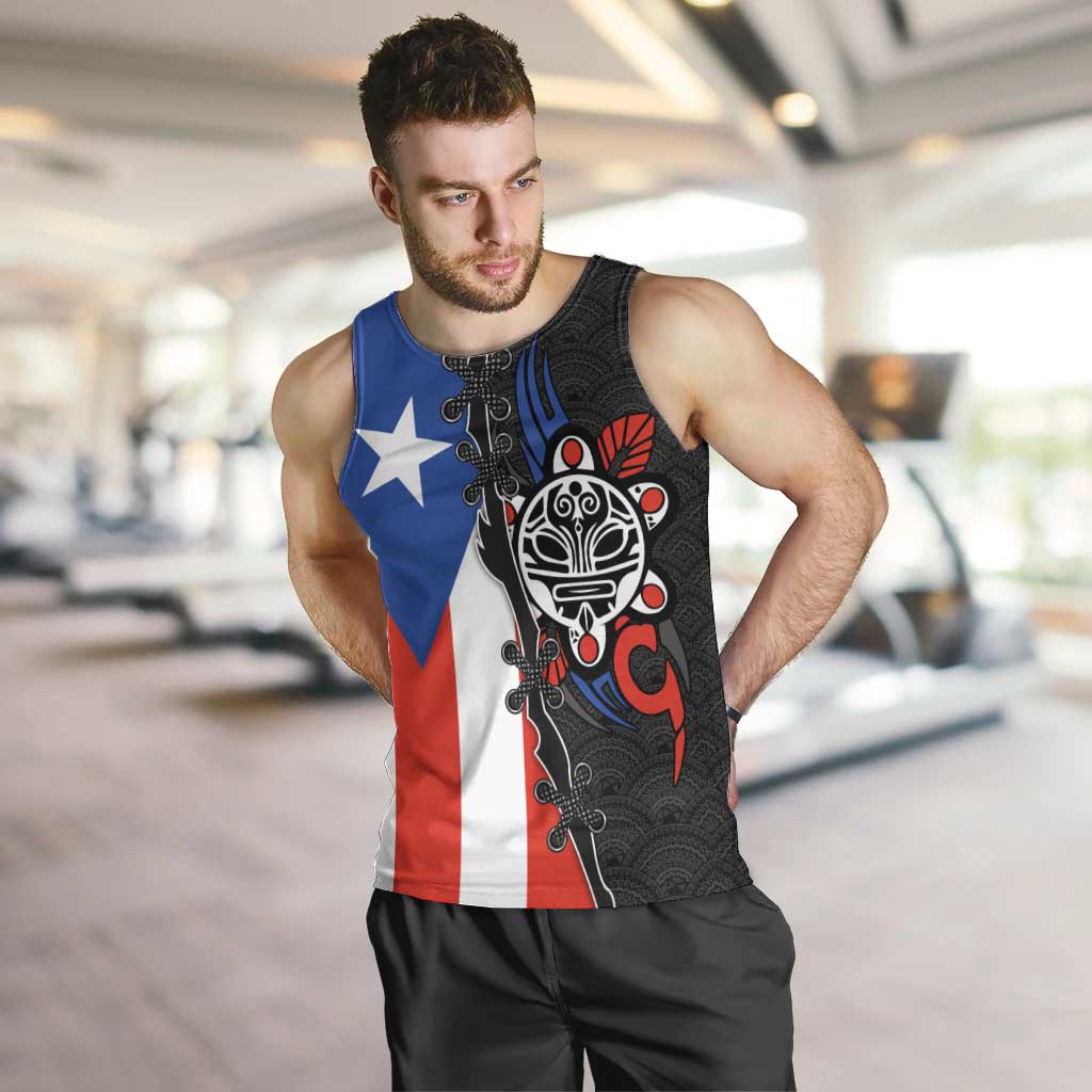 Puerto Rico Men Tank Top with Tribal Sun Symbol and Flag Color Block Design