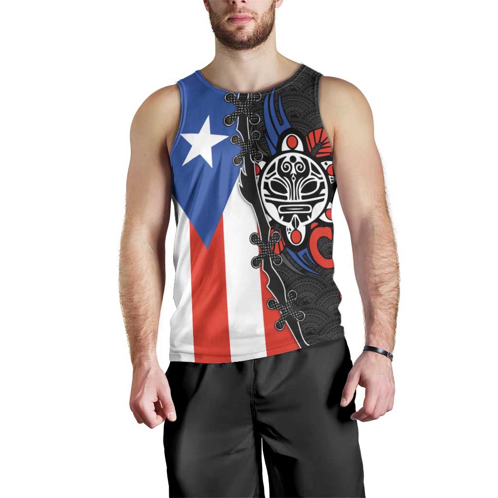 Puerto Rico Men Tank Top with Tribal Sun Symbol and Flag Color Block Design