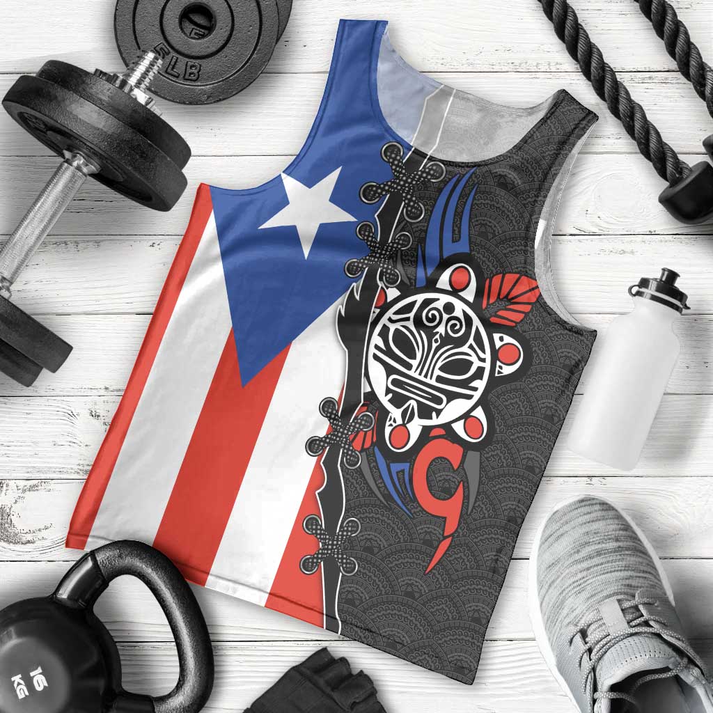 Puerto Rico Men Tank Top with Tribal Sun Symbol and Flag Color Block Design