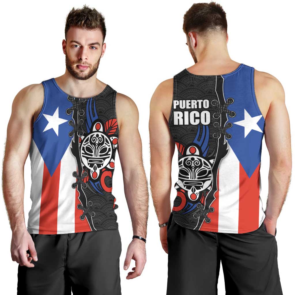 Puerto Rico Men Tank Top with Tribal Sun Symbol and Flag Color Block Design