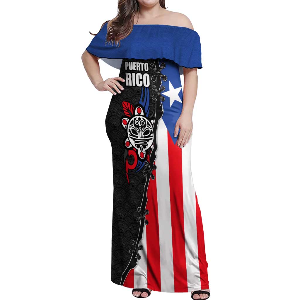 Puerto Rico Off Shoulder Maxi Dress with Tribal Sun Symbol and Flag Color Block Design