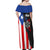 Puerto Rico Off Shoulder Maxi Dress with Tribal Sun Symbol and Flag Color Block Design