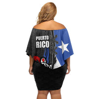 Puerto Rico Off Shoulder Short Dress with Tribal Sun Symbol and Flag Color Block Design