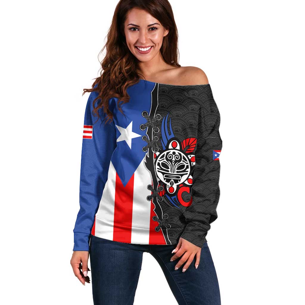 Puerto Rico Off Shoulder Sweater with Tribal Sun Symbol and Flag Color Block Design