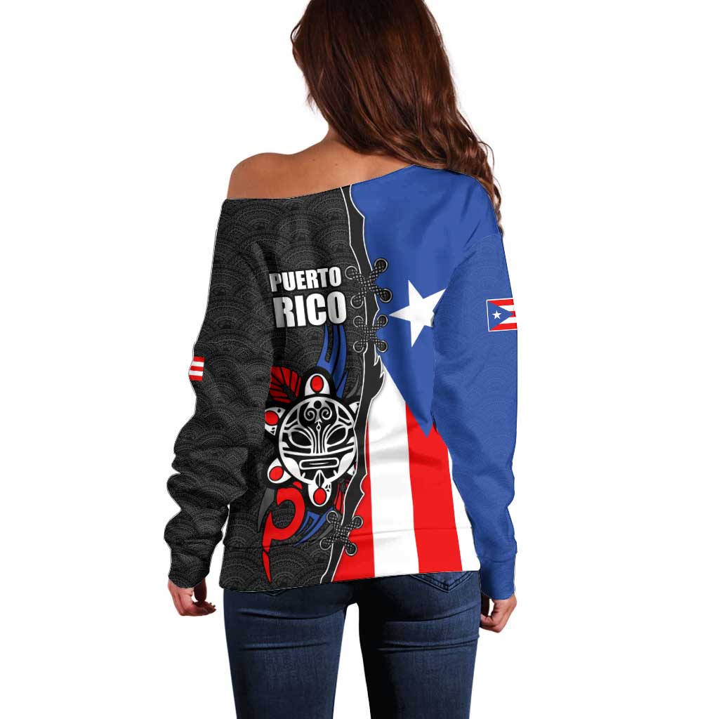 Puerto Rico Off Shoulder Sweater with Tribal Sun Symbol and Flag Color Block Design