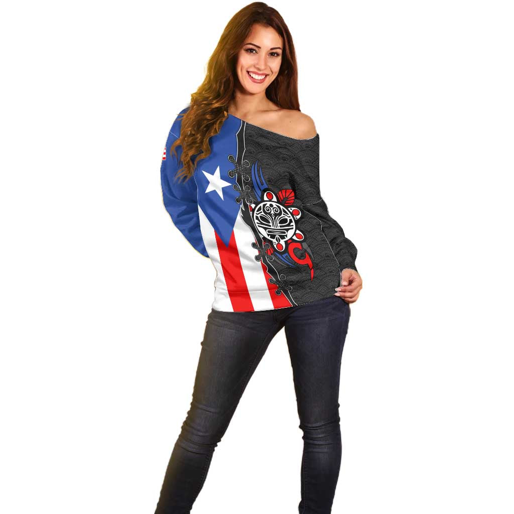 Puerto Rico Off Shoulder Sweater with Tribal Sun Symbol and Flag Color Block Design