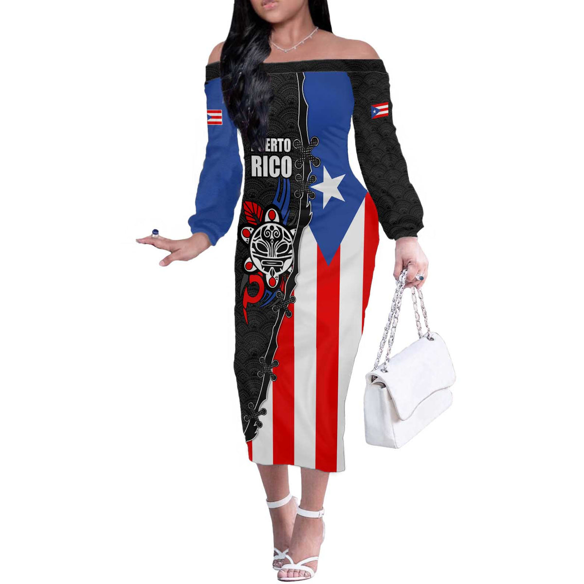 Puerto Rico Off The Shoulder Long Sleeve Dress with Tribal Sun Symbol and Flag Color Block Design