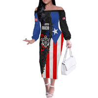 Puerto Rico Off The Shoulder Long Sleeve Dress with Tribal Sun Symbol and Flag Color Block Design