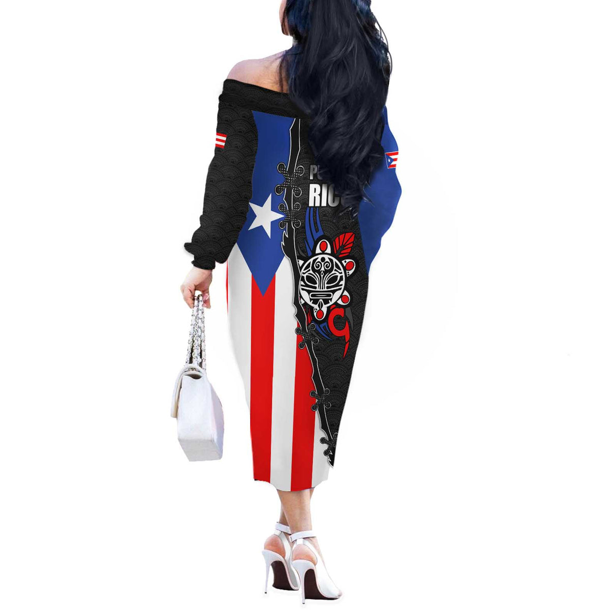 Puerto Rico Off The Shoulder Long Sleeve Dress with Tribal Sun Symbol and Flag Color Block Design