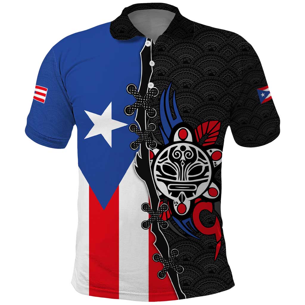 Puerto Rico Polo Shirt with Tribal Sun Symbol and Flag Color Block Design