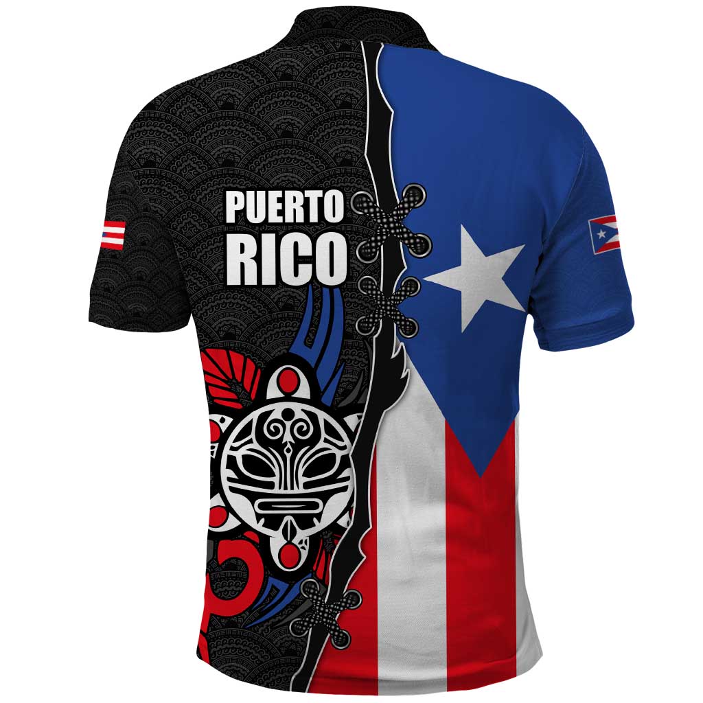 Puerto Rico Polo Shirt with Tribal Sun Symbol and Flag Color Block Design