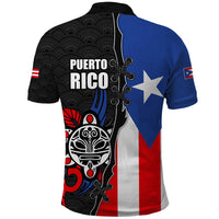 Puerto Rico Polo Shirt with Tribal Sun Symbol and Flag Color Block Design