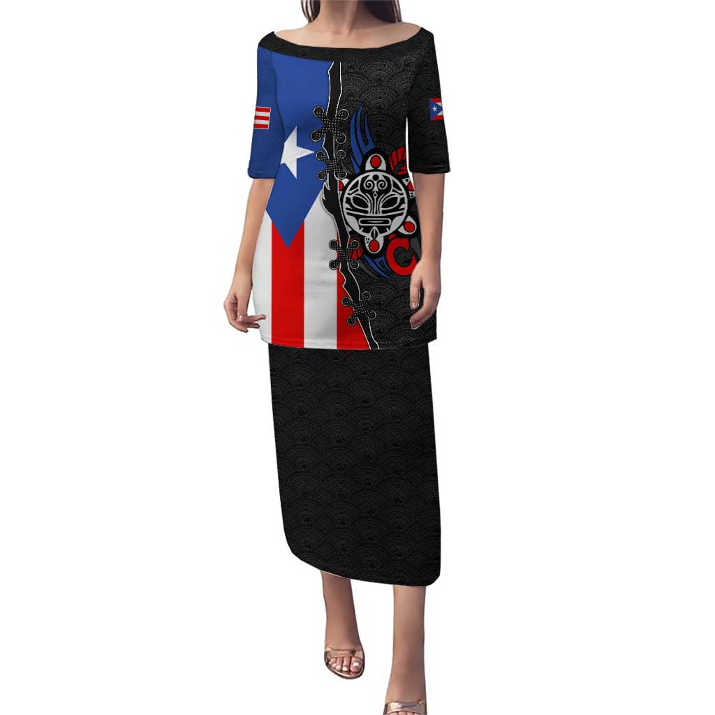 Puerto Rico Puletasi with Tribal Sun Symbol and Flag Color Block Design