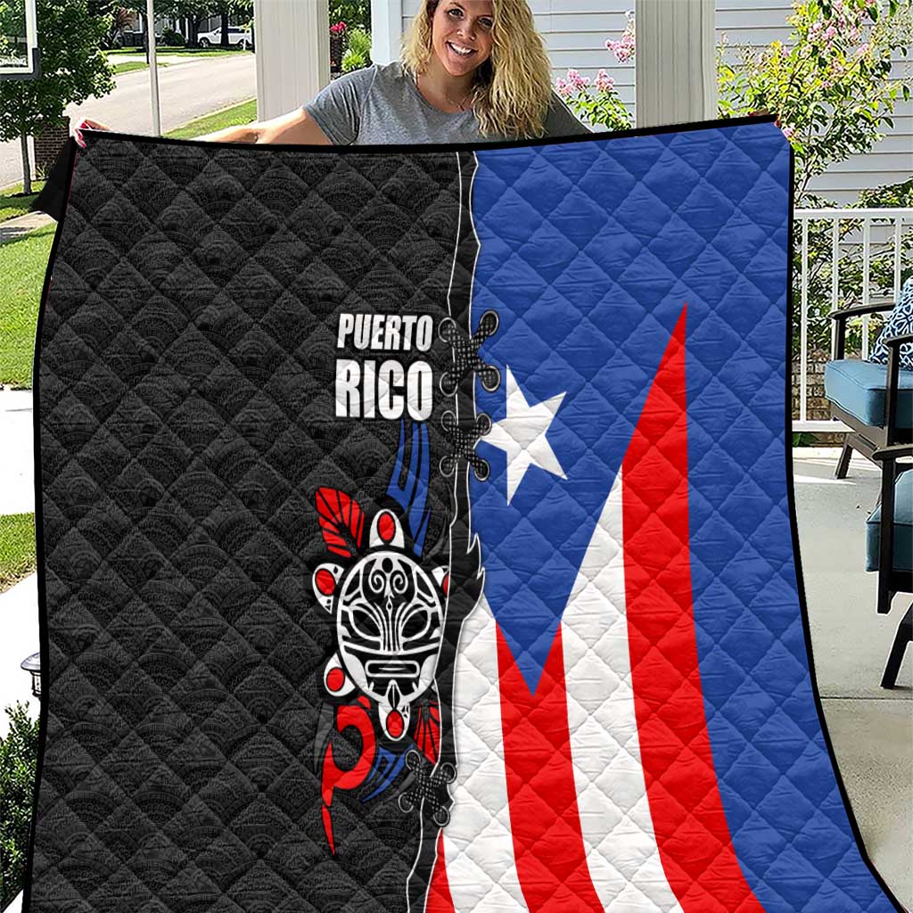 Puerto Rico Quilt with Tribal Sun Symbol and Flag Color Block Design