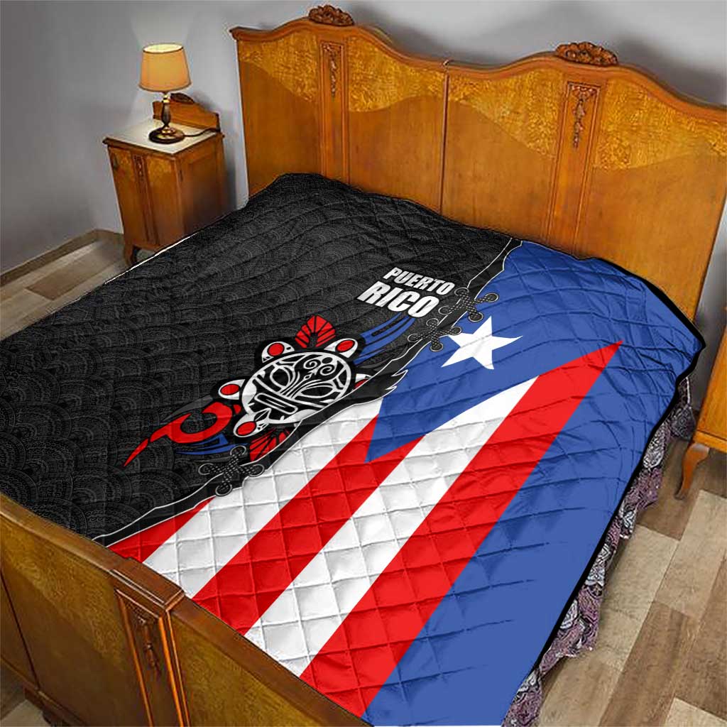 Puerto Rico Quilt with Tribal Sun Symbol and Flag Color Block Design