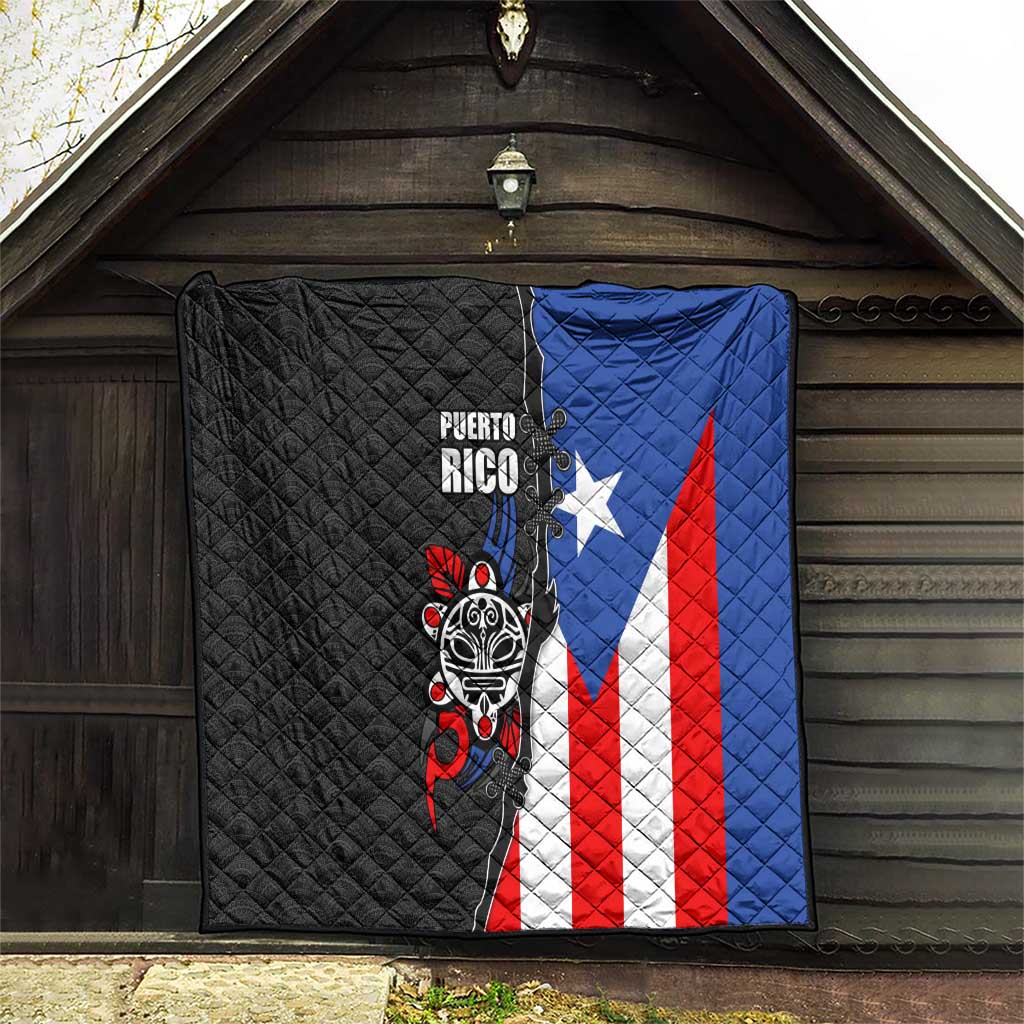 Puerto Rico Quilt with Tribal Sun Symbol and Flag Color Block Design