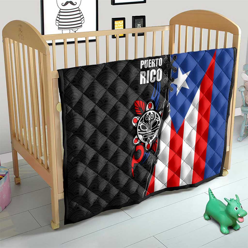 Puerto Rico Quilt with Tribal Sun Symbol and Flag Color Block Design