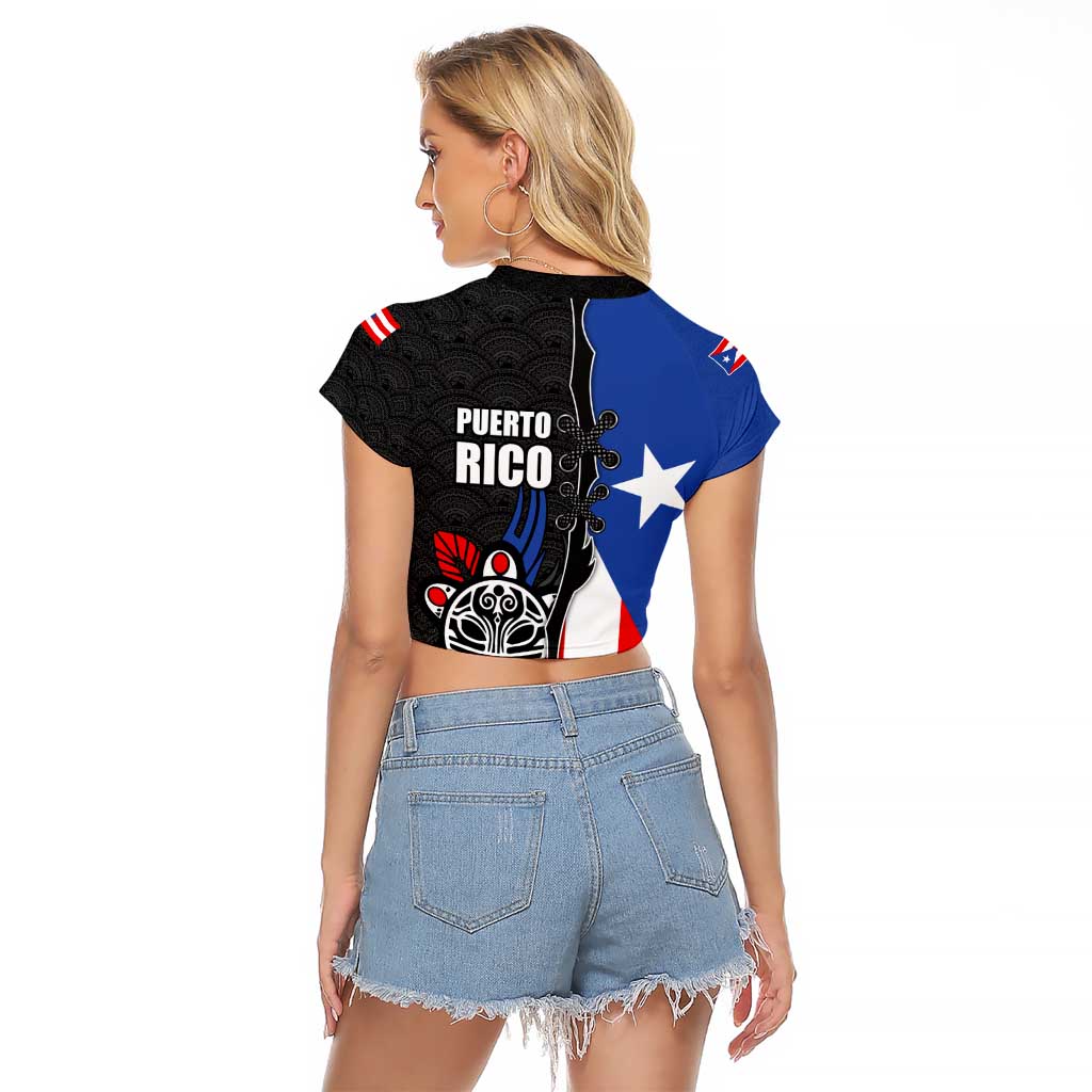 Puerto Rico Raglan Cropped T Shirt with Tribal Sun Symbol and Flag Color Block Design