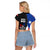 Puerto Rico Raglan Cropped T Shirt with Tribal Sun Symbol and Flag Color Block Design