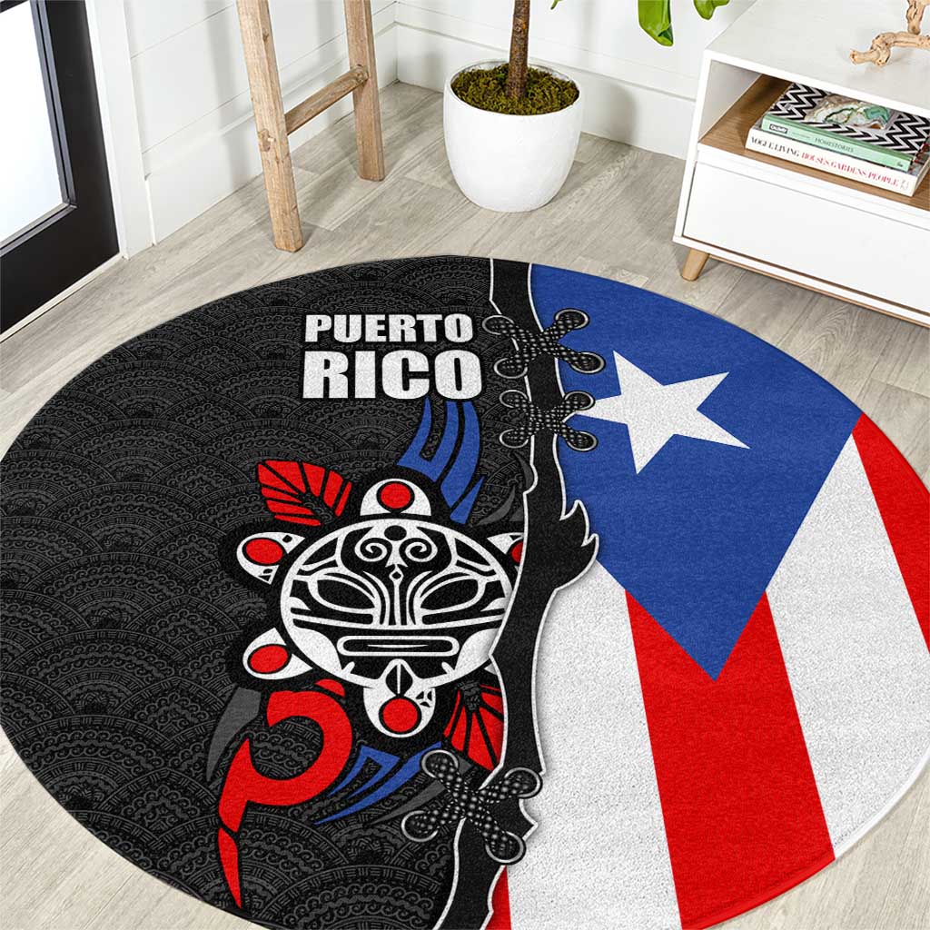 Puerto Rico Round Carpet with Tribal Sun Symbol and Flag Color Block Design