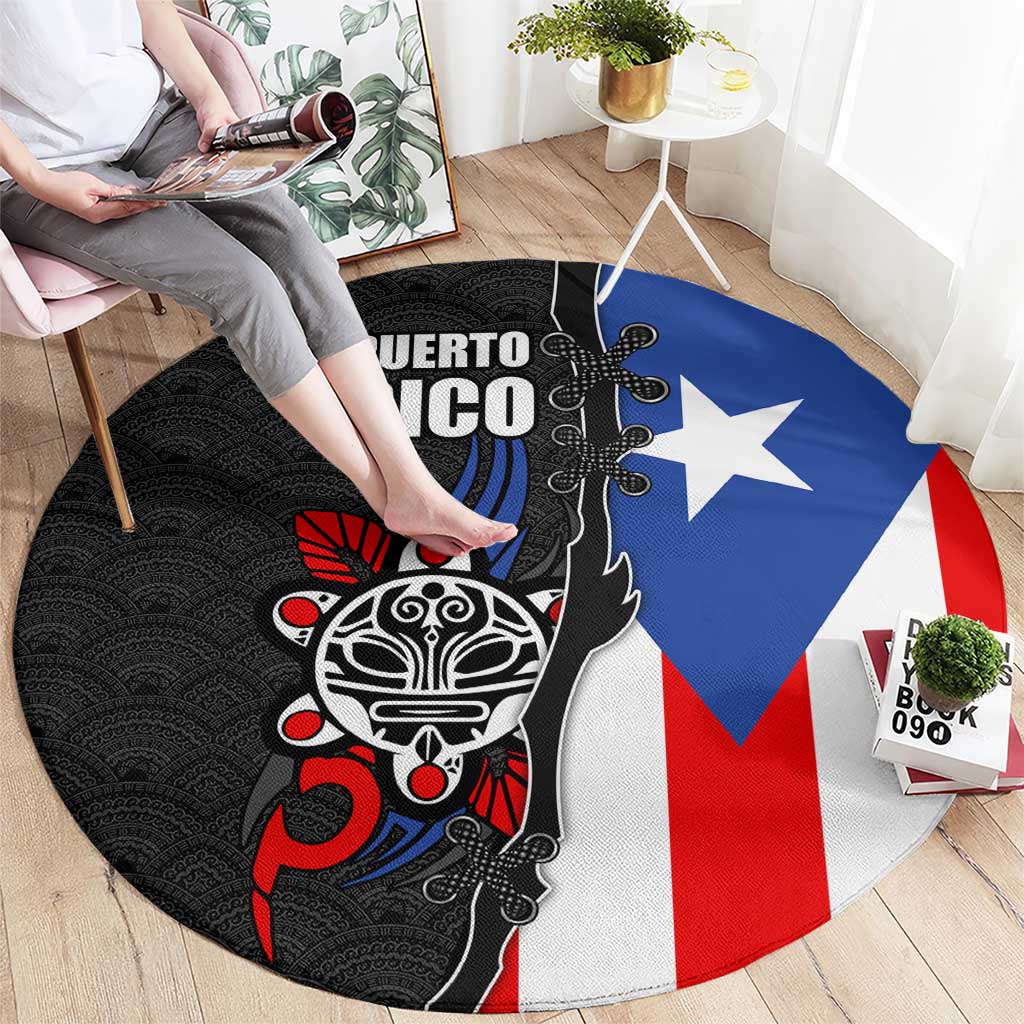 Puerto Rico Round Carpet with Tribal Sun Symbol and Flag Color Block Design