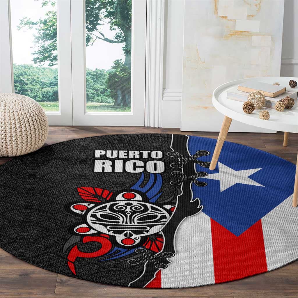 Puerto Rico Round Carpet with Tribal Sun Symbol and Flag Color Block Design
