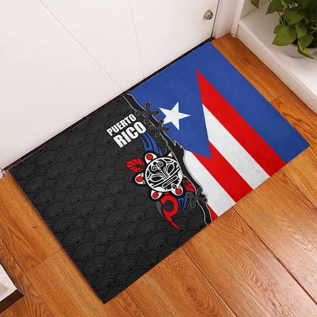 Puerto Rico Rubber Doormat with Tribal Sun Symbol and Flag Color Block Design