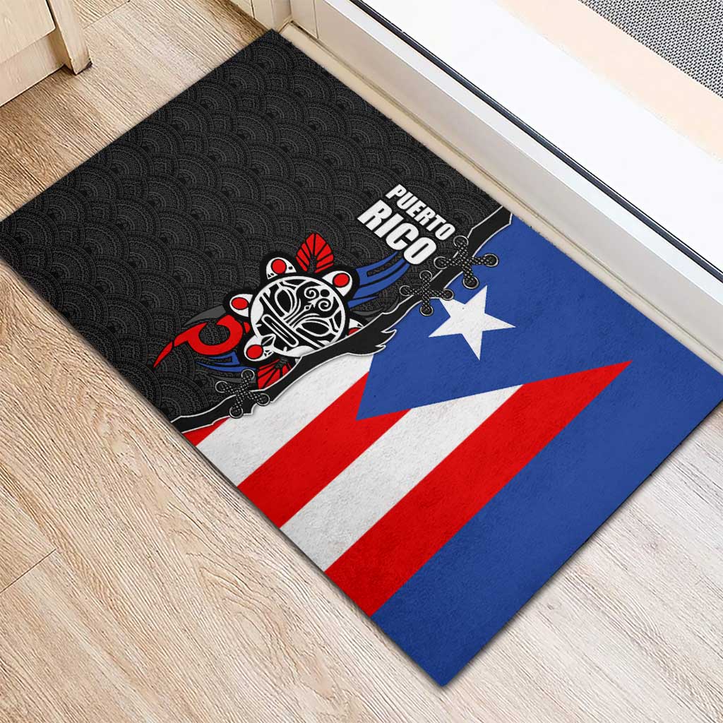 Puerto Rico Rubber Doormat with Tribal Sun Symbol and Flag Color Block Design